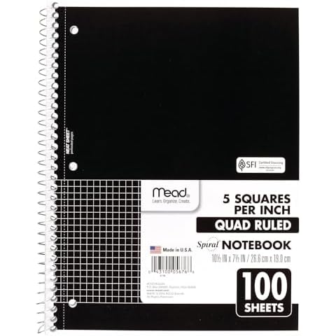 Mead Spiral Notebook, 1-Subject, Graph Ruled Paper, 7-1/2" x 10-1/2", 100 Sheets, Black (05676AA5) Cover