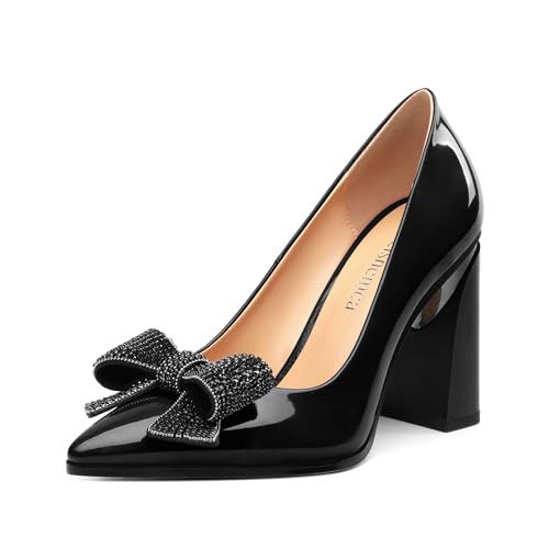 Womens Chunky Block High Heels Patent Closed Pointed Toe Bow Pumps Slip on Heels Wedding Party Dress Shoes 3.5IN Black Patent Size 10