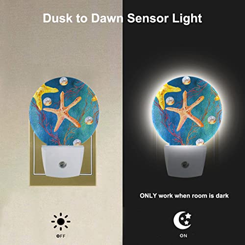 Image of EKOBLA Seashell Pearl and Starfish Night Light, Summer Teal Blue Night Lights Plug Into Wall with Dusk to Dawn Light Sensors, Coastal Nightlights for Bedroom, Bathroom