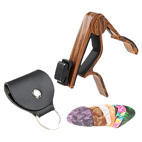 BESPORTBLE 1 Set Guitar Capo and Picks Set Portable Capo with Holder for Electric Guitar Banjo Ukulele Deep Grain Accessories for Musicians and Beginners