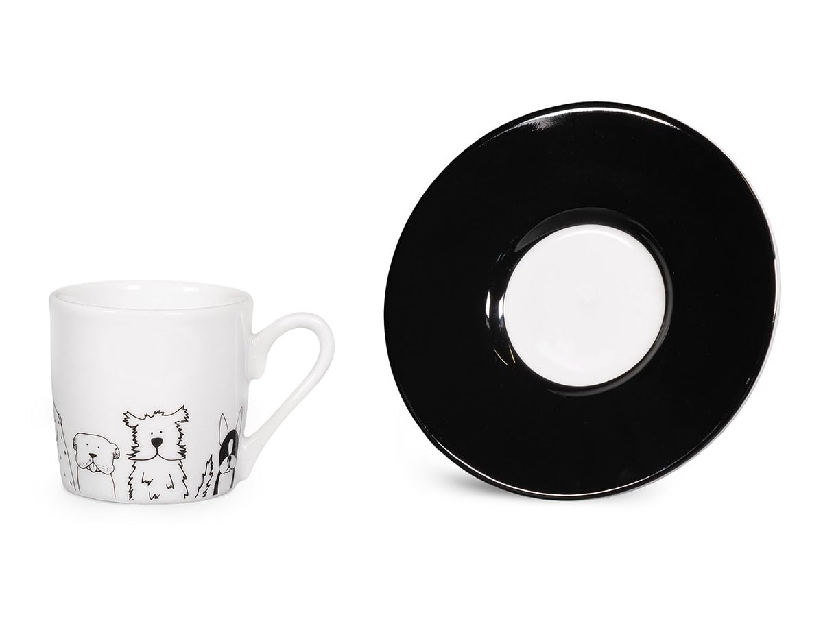 Könitz Espresso Tassen Set Funny Dogs. 4 Kaffeetassen 65ml aus Porzellan. Espressotassen modern, schwarz-weiß