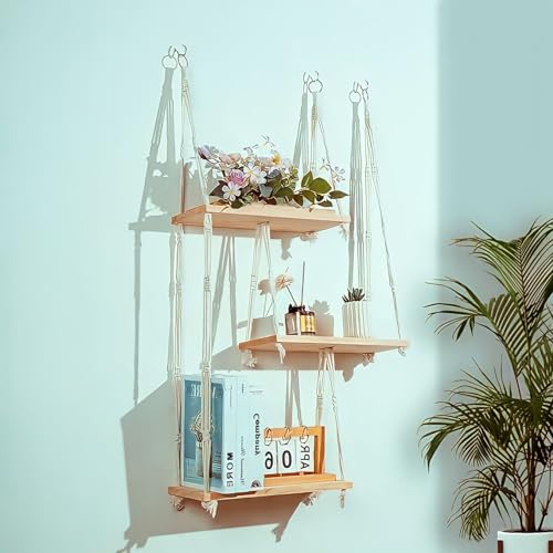 The TOP Knott 3-Tier Macrame Wall Hanging Shelf, Large Boho Wall Shelf, Boho Book Shelf, for Boho Wall Decor in Living Room, Bedroom, Bathroom