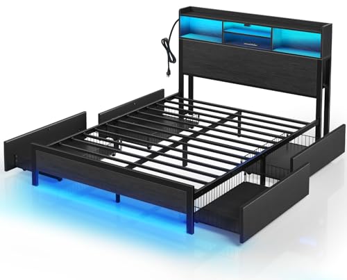 Rolanstar Full Bed Frame with Storage,4-Drawer Platform Bed with USB Charging Station,Built in LED Lights and Bookcase Headboard,No Box Spring Needed,Easy Assembly,Noise-Free,Black