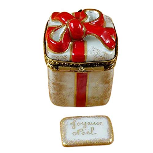 Red Ribbon Christmas Box W/Plaque - Limoges Box Authentic Porcelain Figurine From France #TOP1
