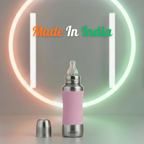 Image of SPEEDEX Stainless Steel Baby Feeding Bottle 240 ml with Pink Silicone Grip & Internal ML Marking | BPA & Plastic Free | Anti-Colic Silicone Nipple | 304 Grade Steel Infant Milk Bottle | Leak Resistant