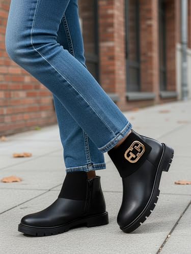 Image of ELLE Women's Chic Dual Texture with Gold-Tone Embellishment Ankle Boots