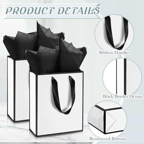 Image of Yeaqee 24 Pack Metallic Paper Gift Bag with Tissue, White Black | with Satin Ribbon Handle and Tissue, 9x7x3.1 Inch, Suit Business, Birthday, Christmas, Thank You Return Gifts Bags