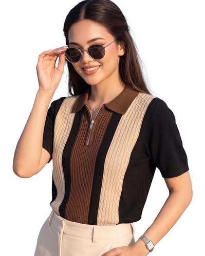 Image of AUSK Women's Casual Summer Polo Knit T-Shirt | Zip Collar Top | Half Sleeves | Ribbed Panel Design | Lightweight Comfort | Regular Fit
