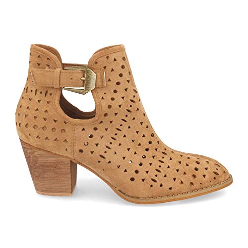 Botin de Mujer con Tacon, de Estilo Casual, con Calados y Apertura Lateral, Cierre de Hebilla, Tobillo Abierto Primavera Verano 2020. Talla 36 Camel