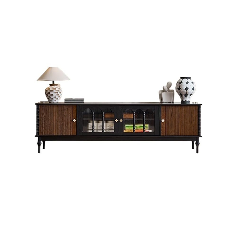 Mobile TV 200cm Console Nera Legno Massello, Hub Intrattenimento Vintage Casa, Mobile Deposito per Alberghi & Spazi Aziendali Console multimediale