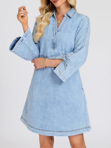 Image of Womens Denim Shirt Dress Collared V Neck Bell Long Sleeve Mini Casual A-line Jean Dresses with Bow
