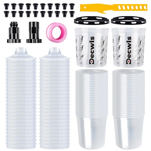 Decwls Disposable Paint Cup System 20 Ounce (600ml) Kit - 50 Pack Paint Cups with Lids 2 Hard Cup with Retainer Ring 20 Plugs 2 Cup Adapter PTFE Tape Paint Stirrer for Automotive Paint Gun