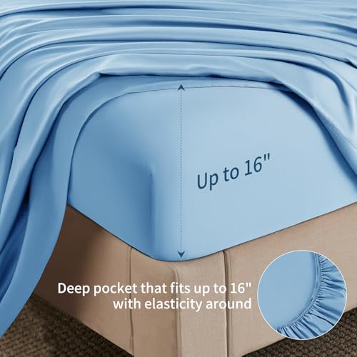 Image of Shilucheng 6 Piece California King Sheet Sets, Cooling Sheets, Blend Rayon Derived from Bamboo, Deep Pocket Up to 16 inch, Breathable & Soft Bed Sheets, Hotel Silky Bedding Set, Lake Blue