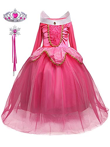 Eleasica Filles Cadeau déguisement La Belle au Bois Dormant en Tulle Manches Longues Costume Diadème Baguette Magique Anniversaire Rose Bleu Robe de Soirée Cérémonie Halloween Noël 3-10ans 110-150cm