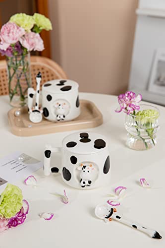 Image of DIHOclub Adorable 3D Ceramic Cow Mug with Lid and Spoon - Perfect for Coffee, Tea, Milk, and More - Ideal Gift for Animal Lovers Gift for Mather- 14 Ounces(BLack white)
