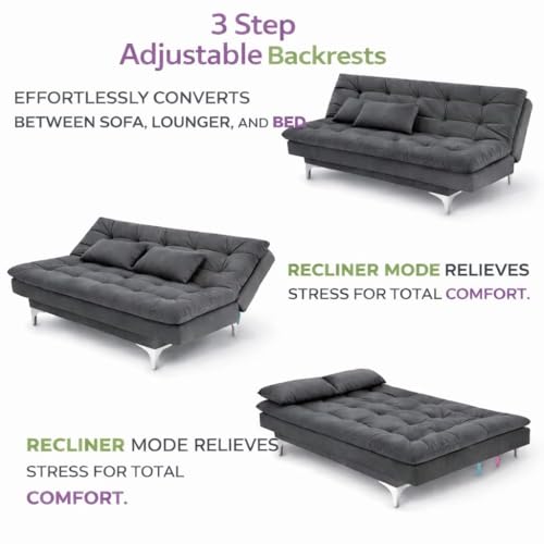 Image of INNOWIN Avantha Sofa Cum Bed 3 Seater Velvet Fabric with Two Cushions Perfect for Home Living Room Office and Guests (Grey)