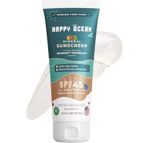 Happy Ocean Kids Mineral Sunscreen SPF 45 – Reef Safe, Non-Toxic for Babies & Toddlers, Zinc Oxide, Water Resistant, Travel Size, Face & Body