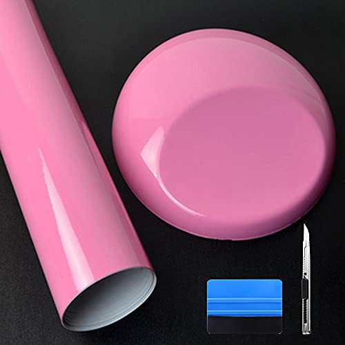 LZLRUN Pink High Gloss Vinyl Realistic Paint Wrap Roll Car Sticker Film Decal Bubble Free Come with Installation Tool Set (1ft x 5ft)