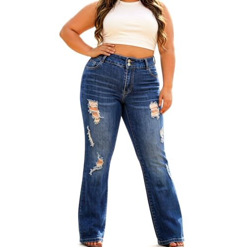 QERINTE Plus Size Ripped Jeans Womens Bootcut Jeans for Women Distressed Jean Women American Eagle Jean Wide Leg High Waist Denim Pants Stretchy Curvy