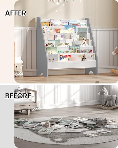 Image of CHOEZON 6-Tier Kids Bookshelf, Book Shelf for Kids Room, Sling Bookcase, Magazine and Book Storage Rack, Large Capacity Book Organizer for Nursery, Bedroom, Playroom, White and Gray MCW07WG