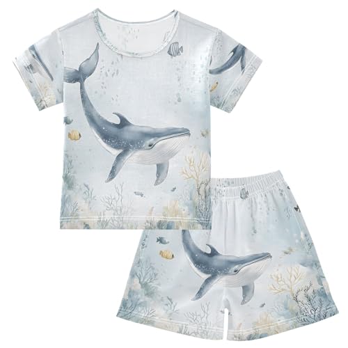ALAZA Whale Sea Watercolor Coral Reef Pajamas Set Short Sleeve Cotton Sleepwear Summer Pjs 2 Piece 5-14Y