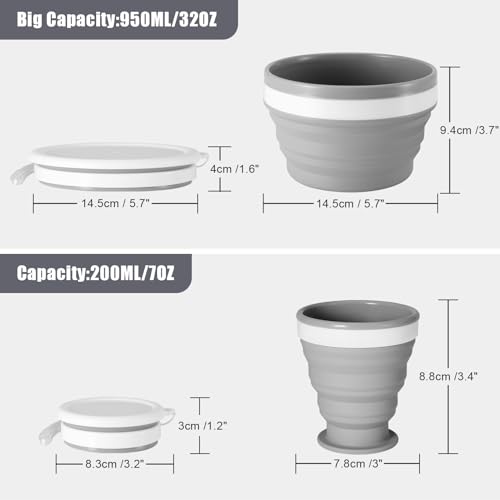 Odoland Geschirr Set für Camping Inklusive Faltbare Zusammenklappbare Silikonschüssel und Reisebecher mit Deckel, Edelstahl Salatlöffel für Backpacking, Outdoor, Camping, Wandern und Picknick