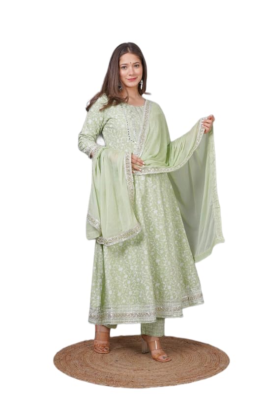 Image of NASRO Women's Viscose Rayon Printed Embroidered Round Neck 3 /4th Sleeves Anarkali Kurta & Pant Suit Set /Salwar Suit Set (Purple)