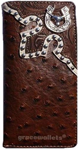 Long Horn Mens Wallet Western Bifold Check Book Style W039-6 Ostrich Brown