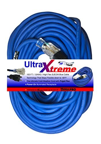 UltraXtreme Hi-Flex All Weather Illuminated Locking Extension 100’ Cable. 12 AWG SJEOW Blue with Frigid Flex Technology, Heavy-Duty Industrial Grade.