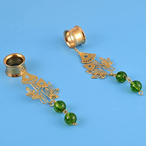 Doearko 2Pcs Mushroom-Pendant Natural Stone Hypoallergenic Stainless Steel Dangle Ear Plugs Tunnels Ear Gauges Stretcher Pair Selling 2G 0G Piercing Body Jewelry (22Mm(7/8"), Gold) #TOP6