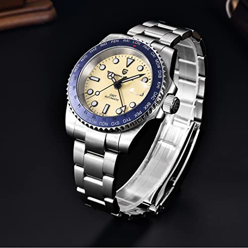 Pagani Design Mechanical GMT Stainless Steel Waterproof Wrist Watch with Sapphire Glass for Men, Stainless Steel Ceramic Watches for Men, Fünf Perlen Schwarz Und Blau