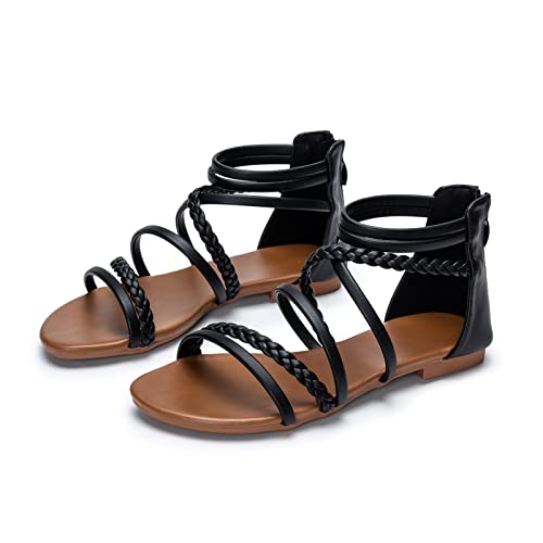 youngshow Braided Strappy Sandals for Women Open Toe Dressy Summer Flat Sandals with Zip Closure2