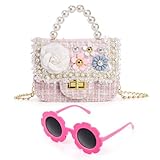 ZEAYEA Girls Purse with Sunglasses, Mini Cute Princess Handbags with Pearl Flowers, Small Shoulder Chain Bag and Sunglasses for Girls Christmas Easter Birthday Gift