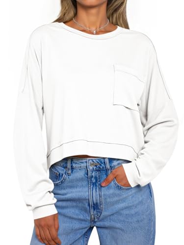 Tankaneo Womens Cropped Long Sleeve Shirts Trendy Casual Boxy Fall Tops Loose Fit Crew Neck Tees White