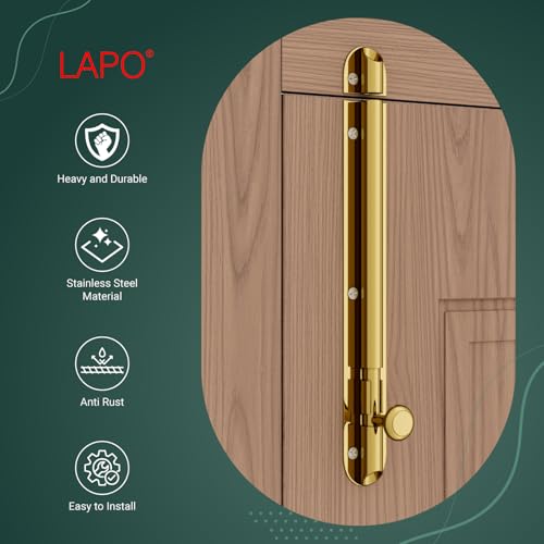 Image of LAPO 8 Inch Aluminium Tower Bolt for Main Door, Bathroom & Bedroom, Reliable Door Latch Sturdy Chitakni Latch with Fittings (Gold Finish, Pack of 1)