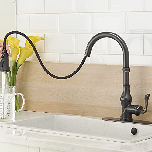 Evolvegoods Touch On Kitchen Faucets With Pull Down Sprayer Oil Rubbed Bronze Single Handle Single Hole High Arc Touch Activated Commercial Kitchen Sink Faucet Sold Brass Lead-Free With Deck Plate #TOP5