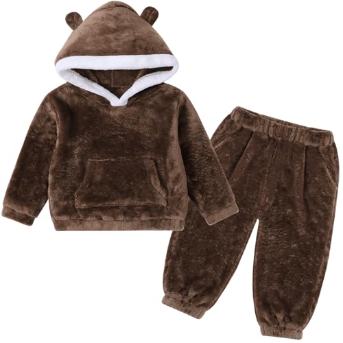 Hovershoes Kids Fleece Tracksuit Sets for Boys Girls 2 Piece Outfits Flannel Pullover Hoodie and Jogger Pants Autumn Winter Soft Warm Toddler Clothes for 12 18 24 Months 1 2 3 4 5 Years Brown