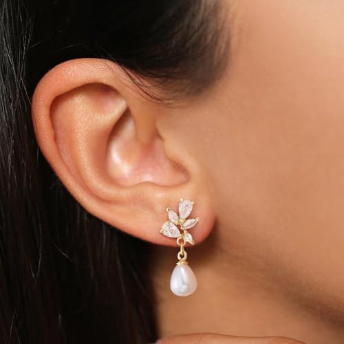 HANLI 14K Gold Plated Bridal Pearl Drop Wedding Earrings for Women - Gold CZ Cute Elegant Earring for Brides Dainty Prom Stud Jewelry Trendy2