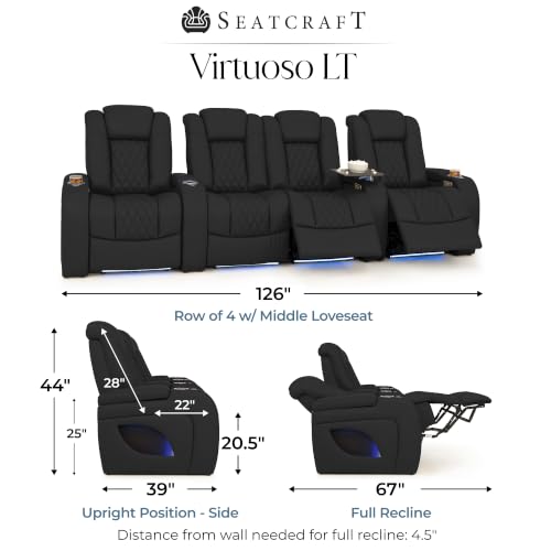 Image of Seatcraft Virtuoso LT Black Italian Leather Home Theater Seating, Zero Gravity Power Recliner, Heat and Massage, Powered Headrest and Lumbar Gaming and Home Office Chair, Row of 4 Middle Loveseat