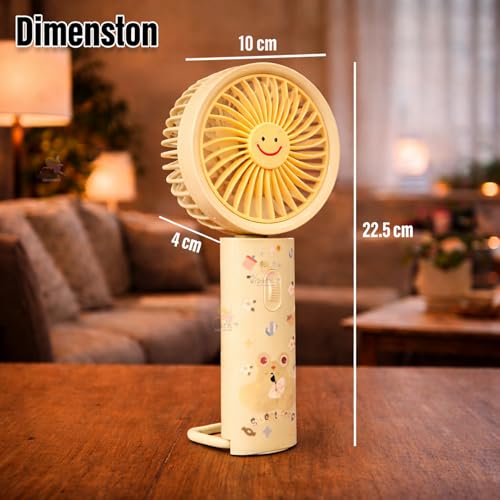 Image of WISHKEY Portable Handheld Mini Fan Cute Dragon Print- USB /Battery Rechargeable, High-Speed Cooling for Travel, Office & Outdoor Use,Rechargeable Fan with 3 Speed Modes- Yellow
