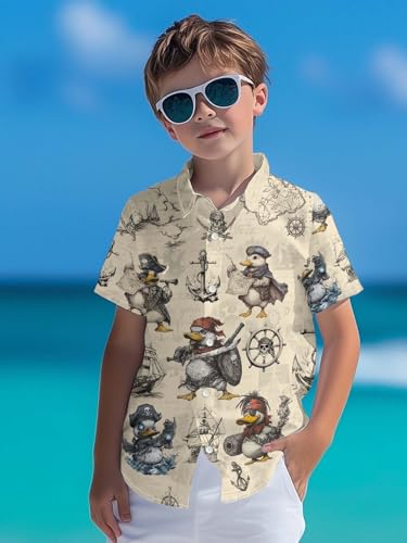 Image of THE PIRATE KING Funny Pirate Hawaiian Shirt Boys Girls Beach Tropical Casual Short Sleeve Button Down Shirt for 5-14 Years