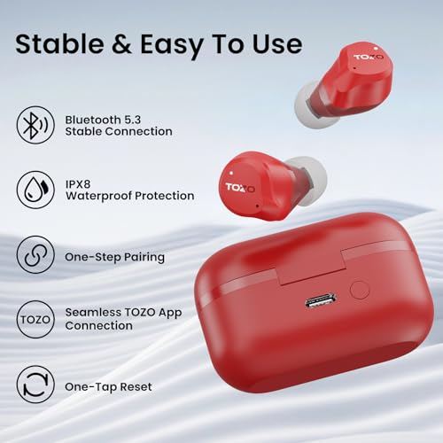 TOZO Hybrid Active Noise Cancelling Earbuds, 45dB ANC Wireless Earbuds, 6-Mic ENC for Clear Calls, Deep Bass, 59H Playtime, IPX8 Waterproof, Bluetooth 5.3 Ear Buds with App for Custom EQ (Red) - 9