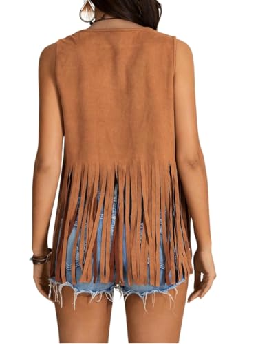 GORGLITTER Women's Western Fringe Vest Country Cowgirl Outfits 70s Hippie Faux Suede Tassel Jacket Cardigan2