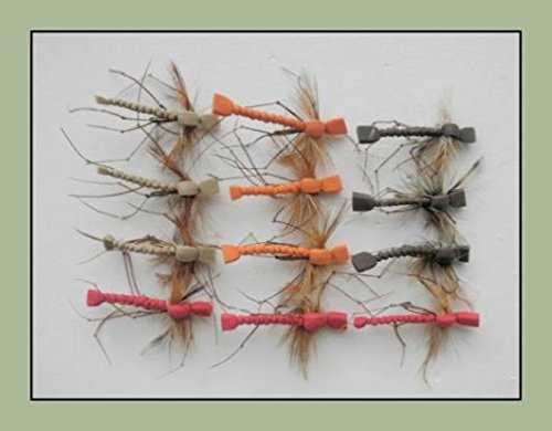 Foam Daddy Long Legs Trout Flies, 12 Pack. 4 colours, Size 10, For Fly Fishing