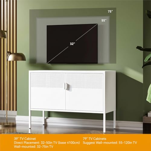Image of COFaR TV Stand for TVs up to 75 Inch, 40''L Media Console with Ventilation Doors, Metal Entertainment Center with Adjustable Shelves & 120Lbs Storage for Living Room & Bedroom, White