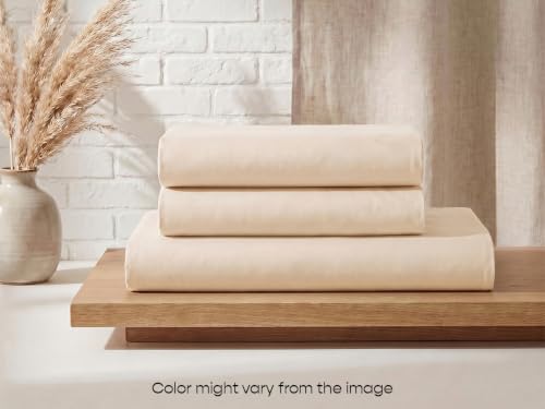 Image of SleepyCat 300 TC Cotton-Soft Microfiber Bedsheet with 2 Pillowcases|Wrinkle-Free|300 TC Plain Weave|No Creases, No Shrinkage|No Colour Fading|150 GSM|Cream|Fits Mattress Upto 8 Inches|Double