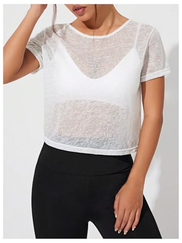 SweatyRocks Women's Twist Cutout Open Back Short Sleeve Sheer Mesh Workout T Shirts Smocked Crop Top3