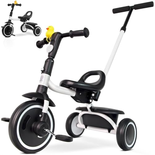 RIDYEE Tricycle for Toddlers 18 Months to 5 Years with Removable Push Handle, Tricycles for 3-5 Year Olds Ideal for On-The-Go Families, Adjustable Carry-Friendly Seat, White