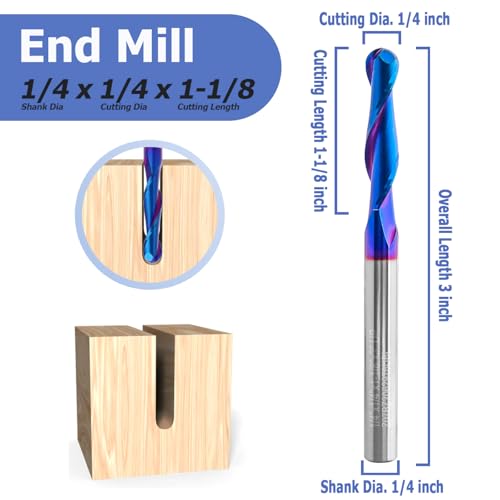 Image of Mesee Ball Nose End Mill CNC Router Bit 1 /4 Inch Shank Carbide Ball Nose Spiral Upcut Router Bit 1-1 /8 inch Cutting Length Nano Blue Coating Ball End Milling Bit Woodworking Carving Tool, 1 /4 inch Cutting Dia