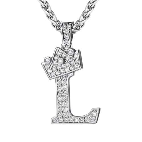 U7 Crown Initial Necklace Men Women, Bling Diamond A-Z 0-9 Letter Pendant with Wheat Chain, Silver/Black/Gold Plated CZ Alphabet Number Hip Hop Jerser